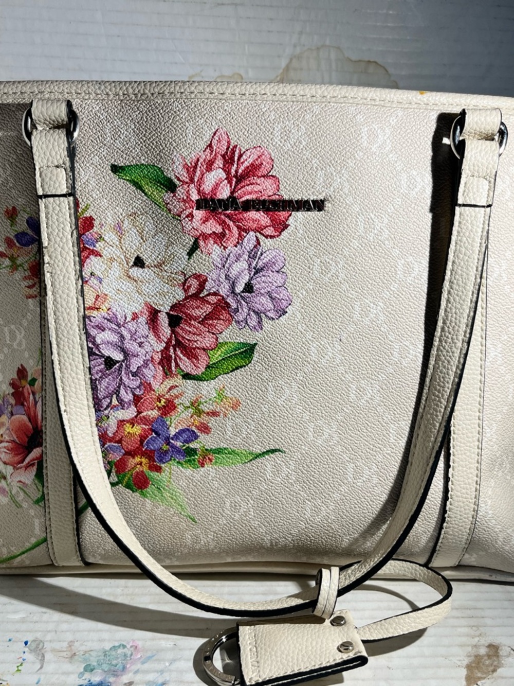 Dana Buchman Cream Floral Tote with Pink & Purple Blooms